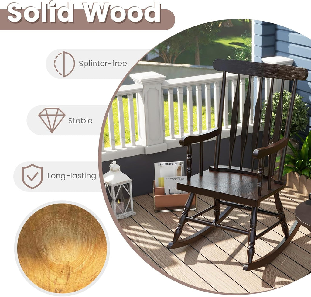 Giantex Outdoor Wood Rocking Chair - Patio Rocking Chair with Solid Rubber Wood Frame, Slat Back, Outside & Indoor Rocker for Garden, Poolside, Balcony, Backyard, Lawn, Front Porch Rocker, Dark Coffee