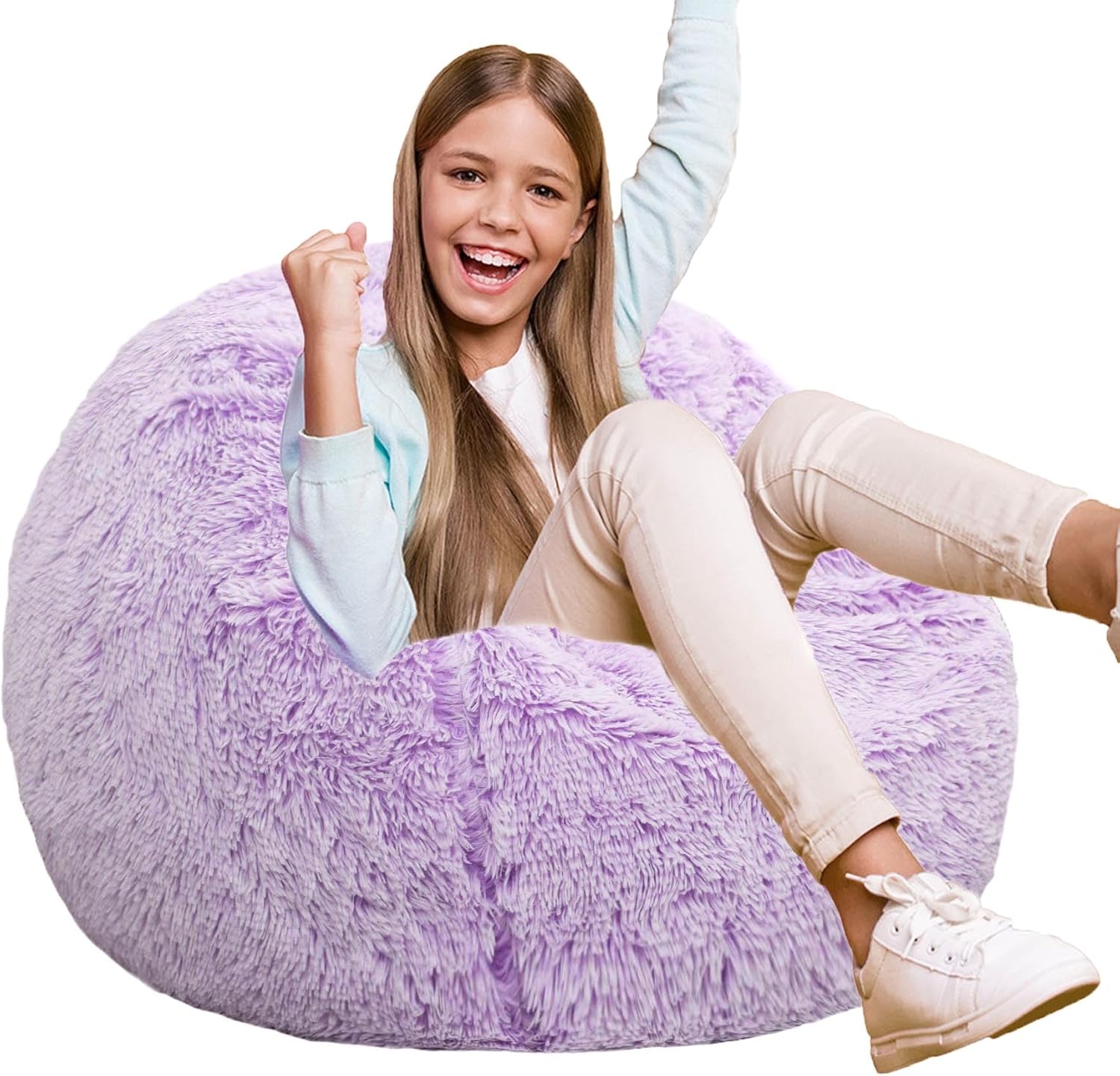 Fluffy Bean Bag Chair for Kids, 2.5FT Round Memory Foam Filled Bean Bag for Teens & Kids, Ultra Soft Faux Fur Fabric Bean Bag Chairs for Playroom, Living Room, Bedroom,Pink