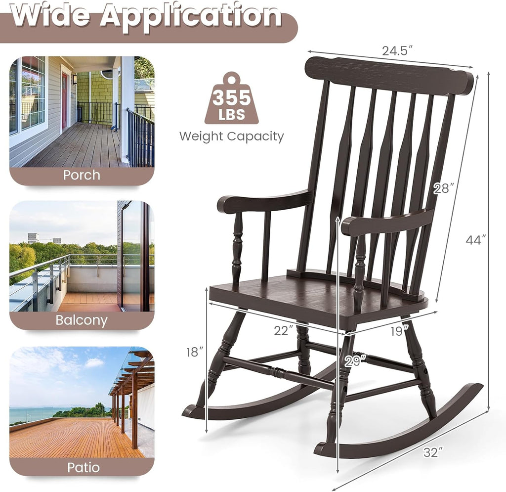 Giantex Outdoor Wood Rocking Chair - Patio Rocking Chair with Solid Rubber Wood Frame, Slat Back, Outside & Indoor Rocker for Garden, Poolside, Balcony, Backyard, Lawn, Front Porch Rocker, Dark Coffee