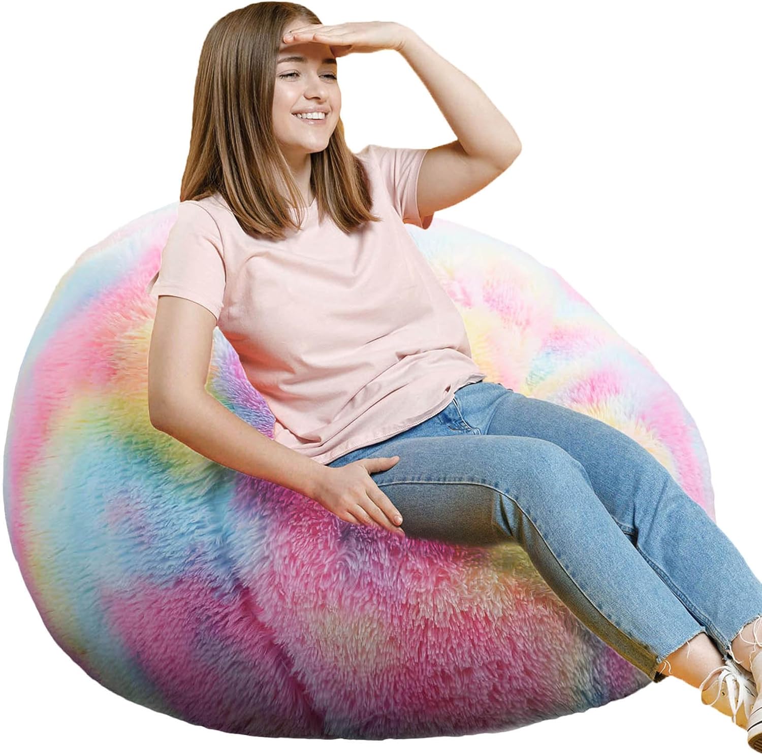 Fluffy Bean Bag Chair for Kids, 2.5FT Round Memory Foam Filled Bean Bag for Teens & Kids, Ultra Soft Faux Fur Fabric Bean Bag Chairs for Playroom, Living Room, Bedroom,Pink