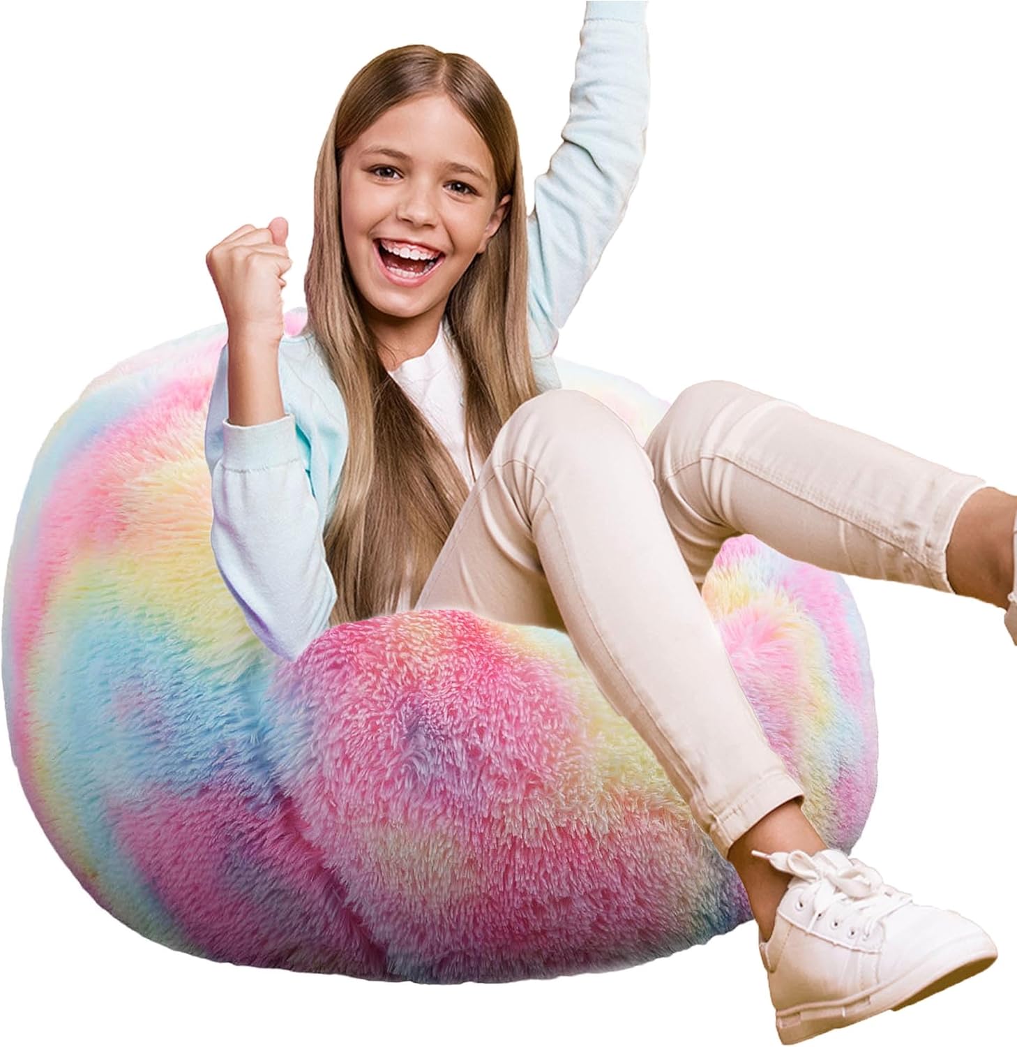 Fluffy Bean Bag Chair for Kids, 2.5FT Round Memory Foam Filled Bean Bag for Teens & Kids, Ultra Soft Faux Fur Fabric Bean Bag Chairs for Playroom, Living Room, Bedroom,Pink