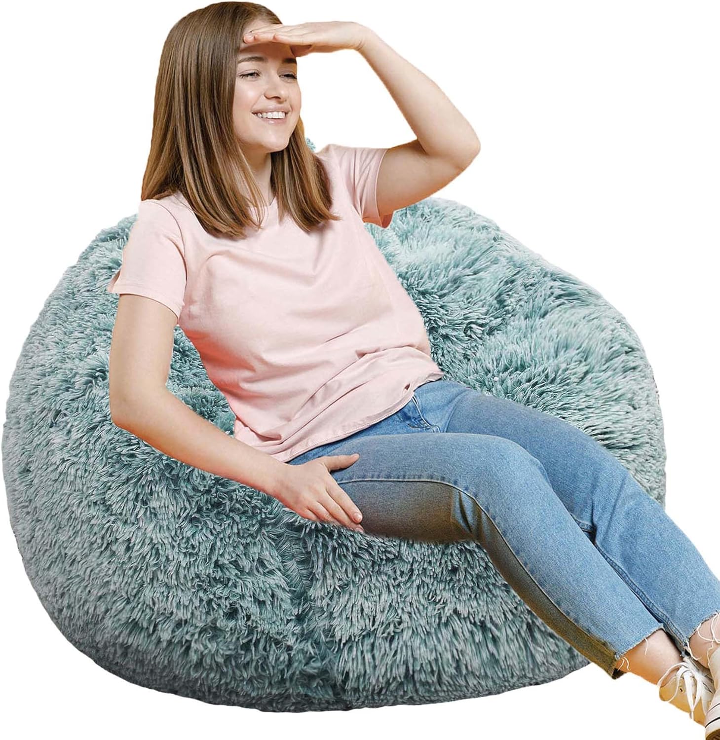 Fluffy Bean Bag Chair for Kids, 2.5FT Round Memory Foam Filled Bean Bag for Teens & Kids, Ultra Soft Faux Fur Fabric Bean Bag Chairs for Playroom, Living Room, Bedroom,Pink
