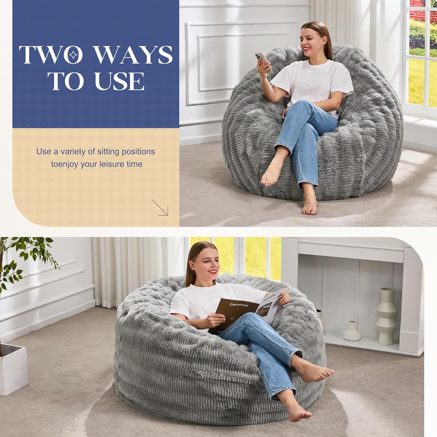 Hobestluk Bean Bag Chairs Beanbag Chair with Filler Adult Bean Bags with Fluffy Ripple Cover, Giant Bean Bag Chairs for Adults (Grey, 3FT - 36" x 36" x 22")