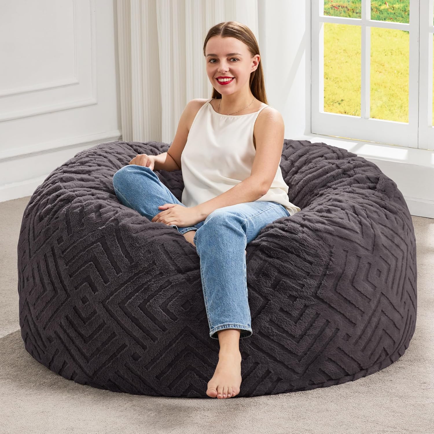 Hobestluk Bean Bag Chairs Beanbag Chair with Filler Adult Bean Bags with Fluffy Ripple Cover, Giant Bean Bag Chairs for Adults (Grey, 3FT - 36" x 36" x 22")