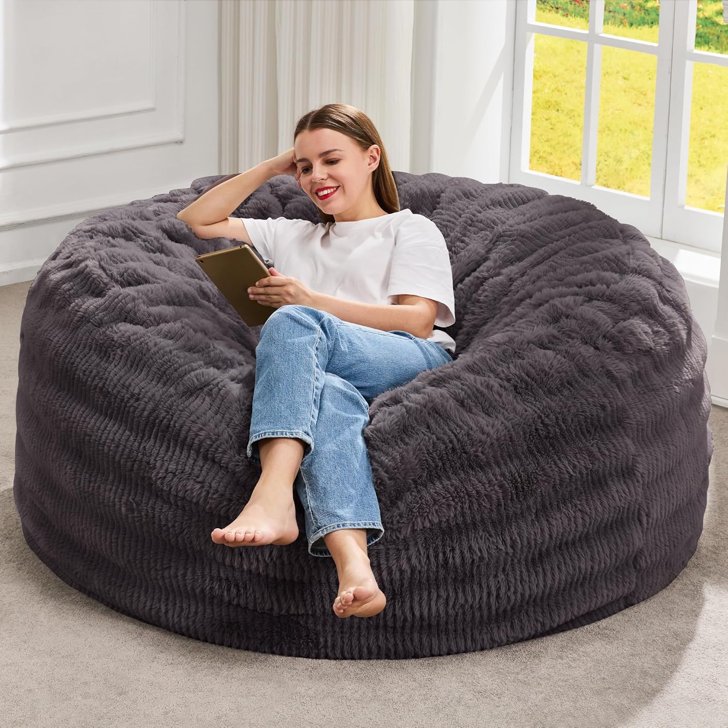 Hobestluk Bean Bag Chairs Beanbag Chair with Filler Adult Bean Bags with Fluffy Ripple Cover, Giant Bean Bag Chairs for Adults (Grey, 3FT - 36" x 36" x 22")