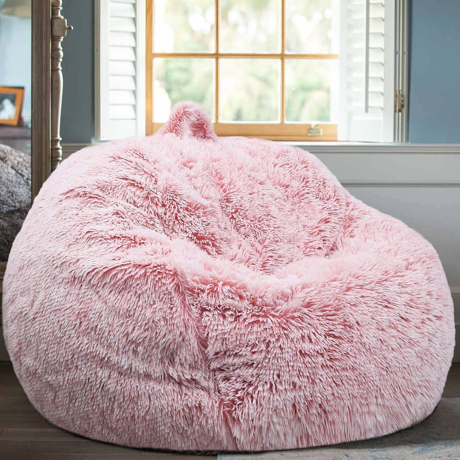 Fluffy Bean Bag Chair for Kids, 2.5FT Round Memory Foam Filled Bean Bag for Teens & Kids, Ultra Soft Faux Fur Fabric Bean Bag Chairs for Playroom, Living Room, Bedroom,Pink