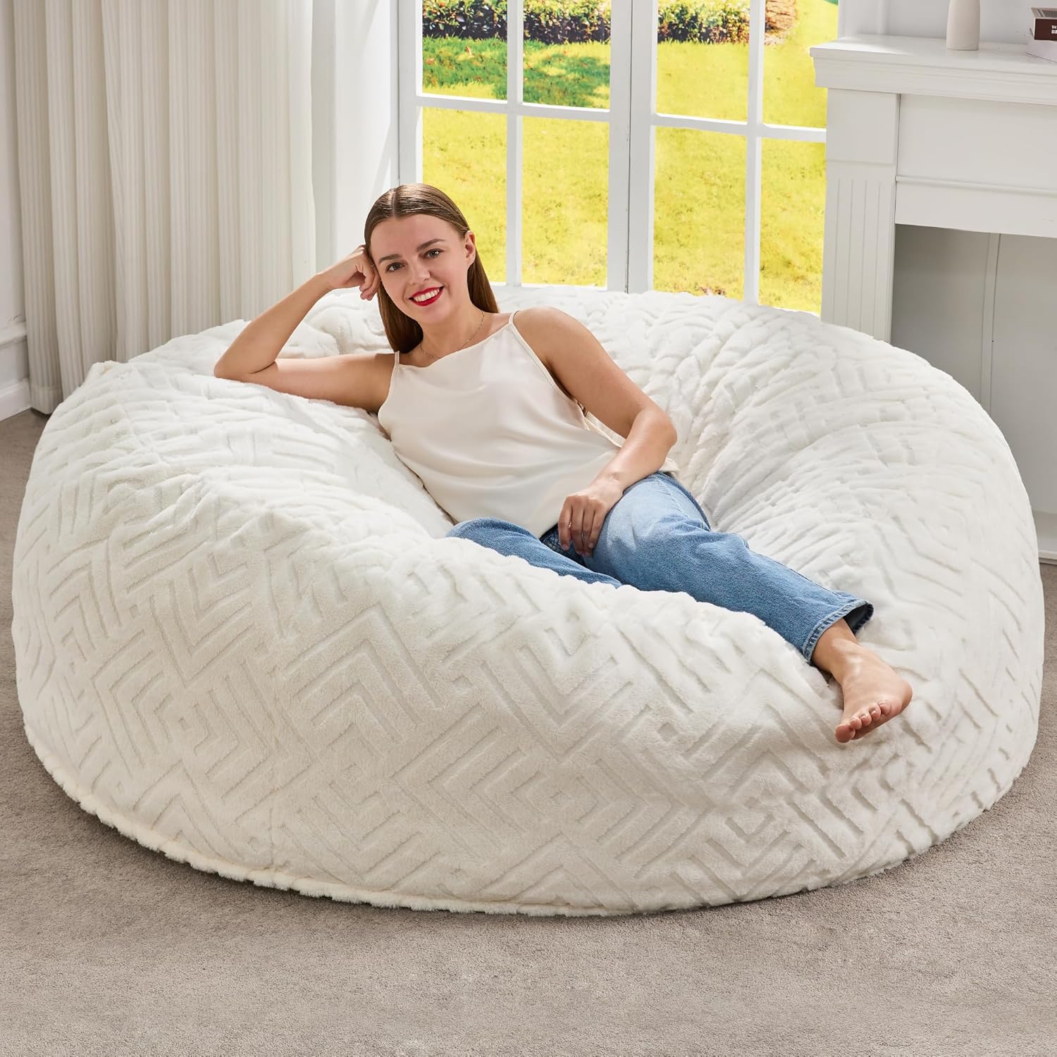 Hobestluk Bean Bag Chairs Beanbag Chair with Filler Adult Bean Bags with Fluffy Ripple Cover, Giant Bean Bag Chairs for Adults (Grey, 3FT - 36" x 36" x 22")