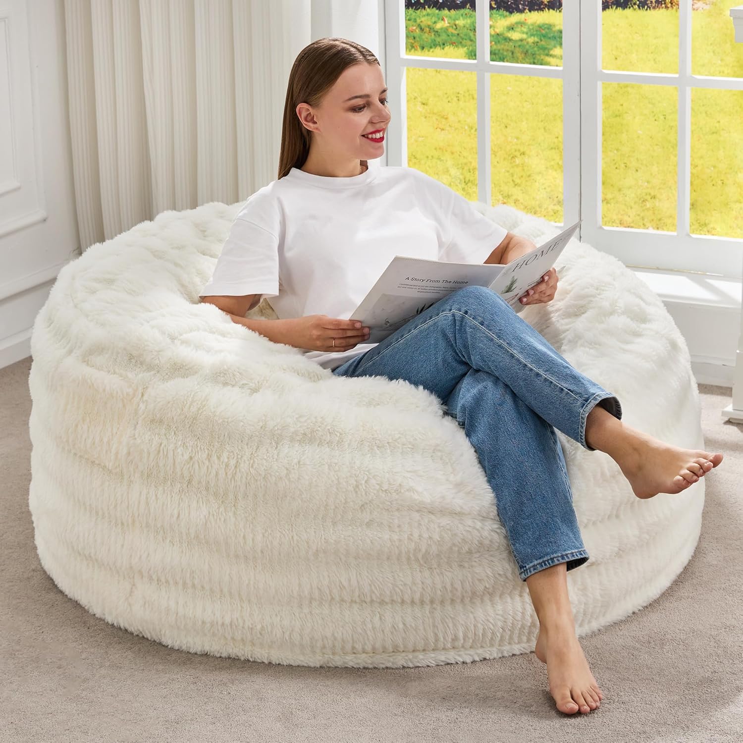 Hobestluk Bean Bag Chairs Beanbag Chair with Filler Adult Bean Bags with Fluffy Ripple Cover, Giant Bean Bag Chairs for Adults (Grey, 3FT - 36" x 36" x 22")