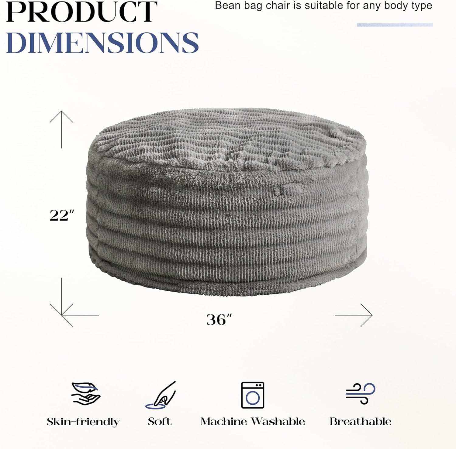 Hobestluk Bean Bag Chairs Beanbag Chair with Filler Adult Bean Bags with Fluffy Ripple Cover, Giant Bean Bag Chairs for Adults (Grey, 3FT - 36" x 36" x 22")