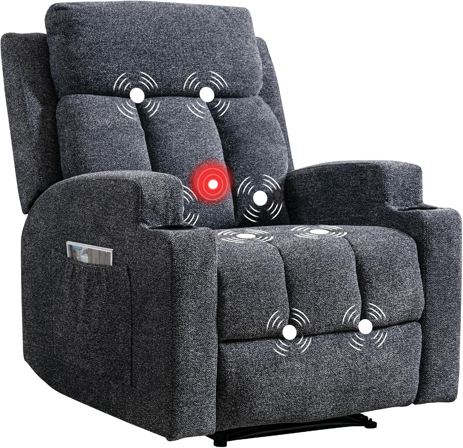 CANMOV Manual Recliner Chair with Massage and Heat, Soft Fabric Recliner Chair with Overstuffed Arm and Back, Manual Reclining Single Sofa with 2 Cup Holders, Side Pocket for Living Room, Dark Grey