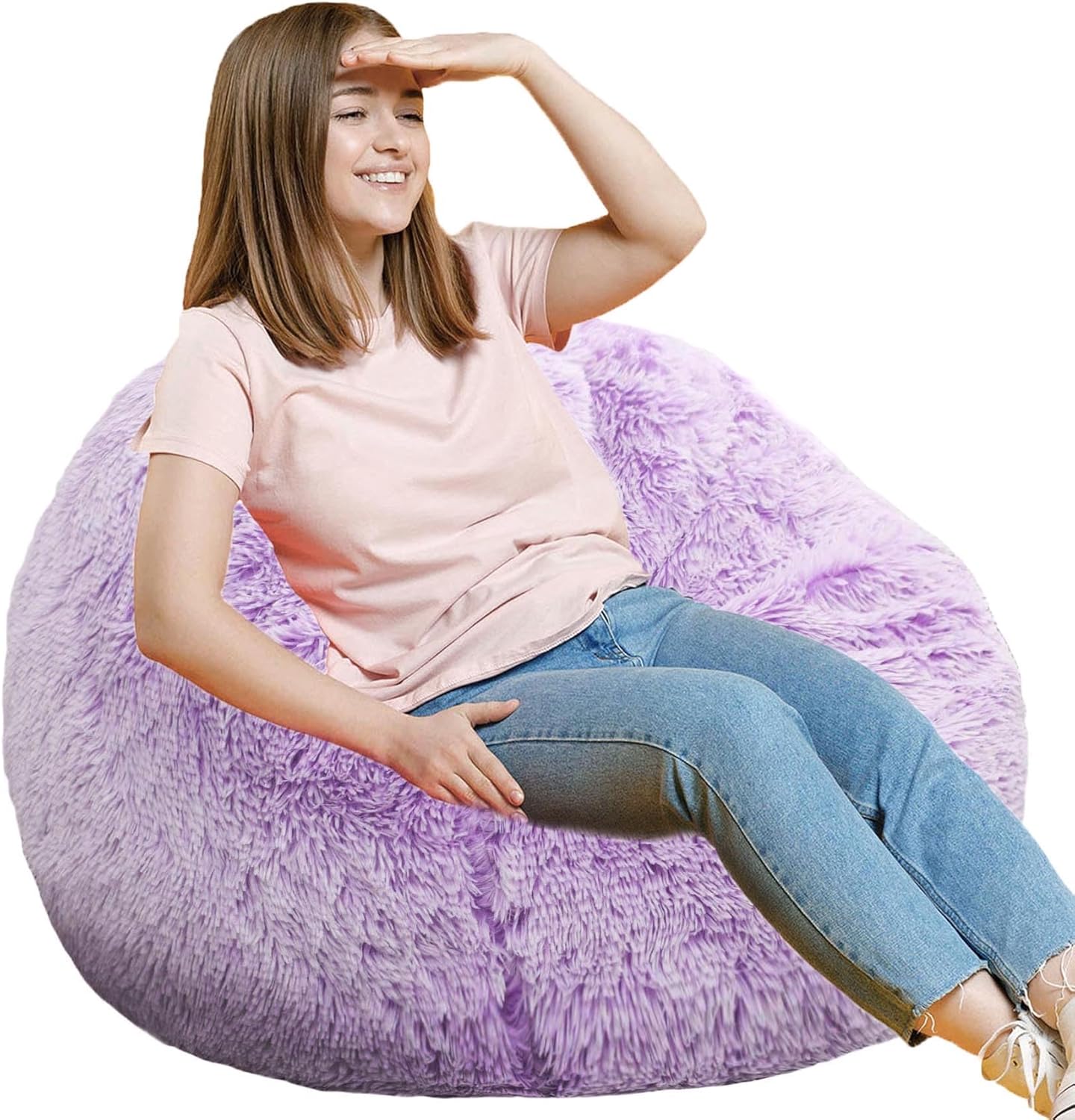 Fluffy Bean Bag Chair for Kids, 2.5FT Round Memory Foam Filled Bean Bag for Teens & Kids, Ultra Soft Faux Fur Fabric Bean Bag Chairs for Playroom, Living Room, Bedroom,Pink