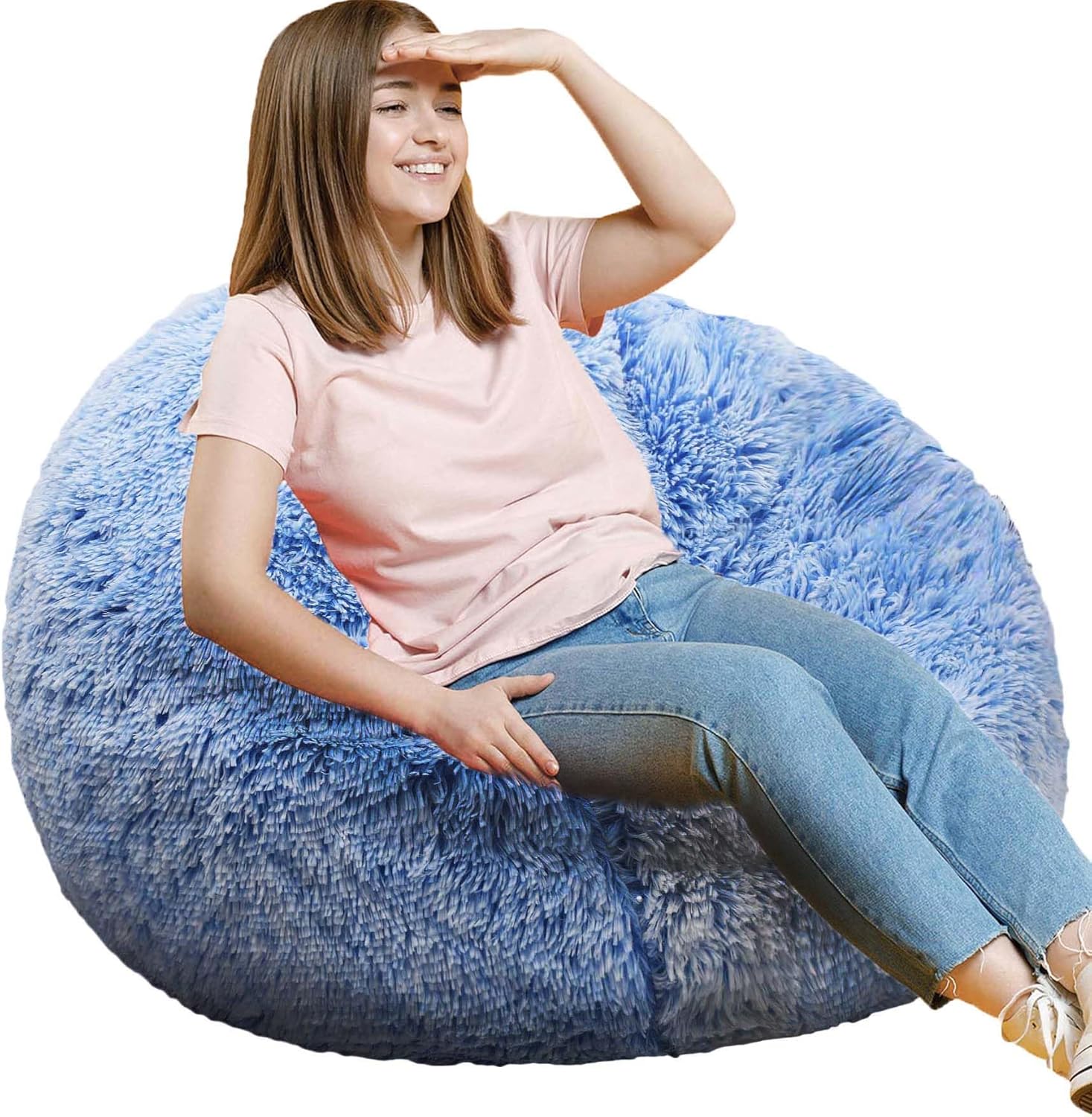 Fluffy Bean Bag Chair for Kids, 2.5FT Round Memory Foam Filled Bean Bag for Teens & Kids, Ultra Soft Faux Fur Fabric Bean Bag Chairs for Playroom, Living Room, Bedroom,Pink