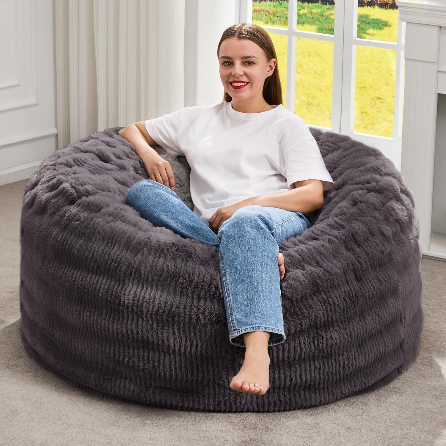 Hobestluk Bean Bag Chairs Beanbag Chair with Filler Adult Bean Bags with Fluffy Ripple Cover, Giant Bean Bag Chairs for Adults (Grey, 3FT - 36" x 36" x 22")