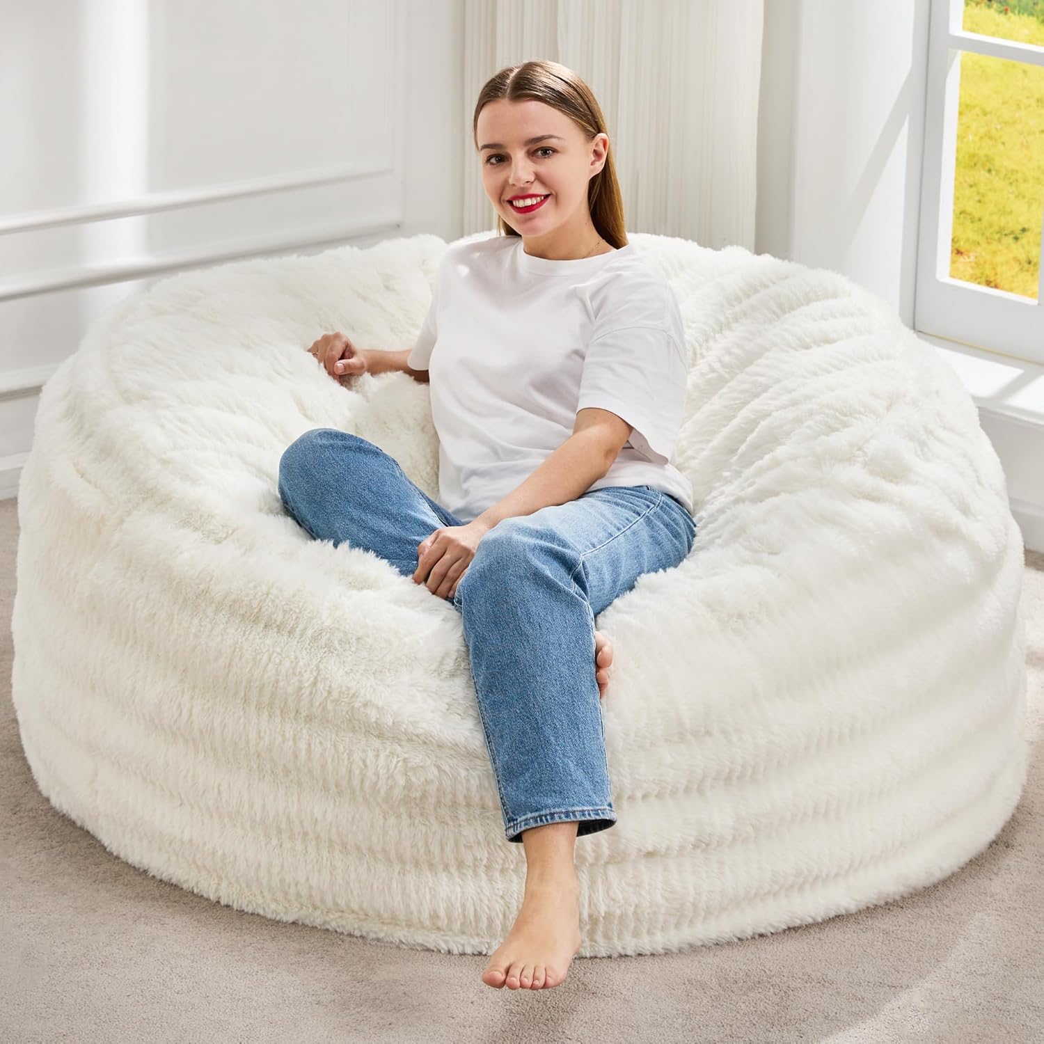 Hobestluk Bean Bag Chairs Beanbag Chair with Filler Adult Bean Bags with Fluffy Ripple Cover, Giant Bean Bag Chairs for Adults (Grey, 3FT - 36" x 36" x 22")