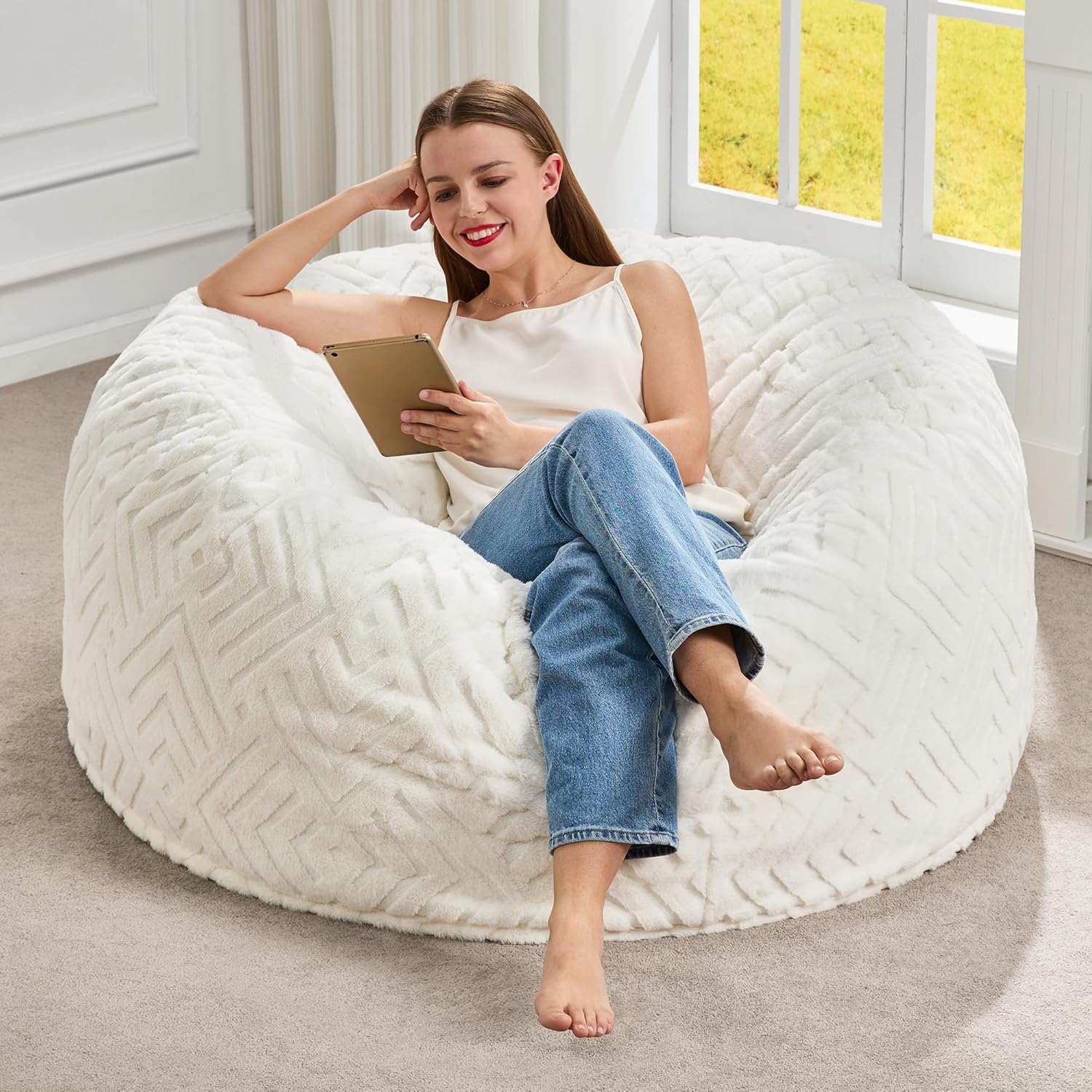 Hobestluk Bean Bag Chairs Beanbag Chair with Filler Adult Bean Bags with Fluffy Ripple Cover, Giant Bean Bag Chairs for Adults (Grey, 3FT - 36" x 36" x 22")