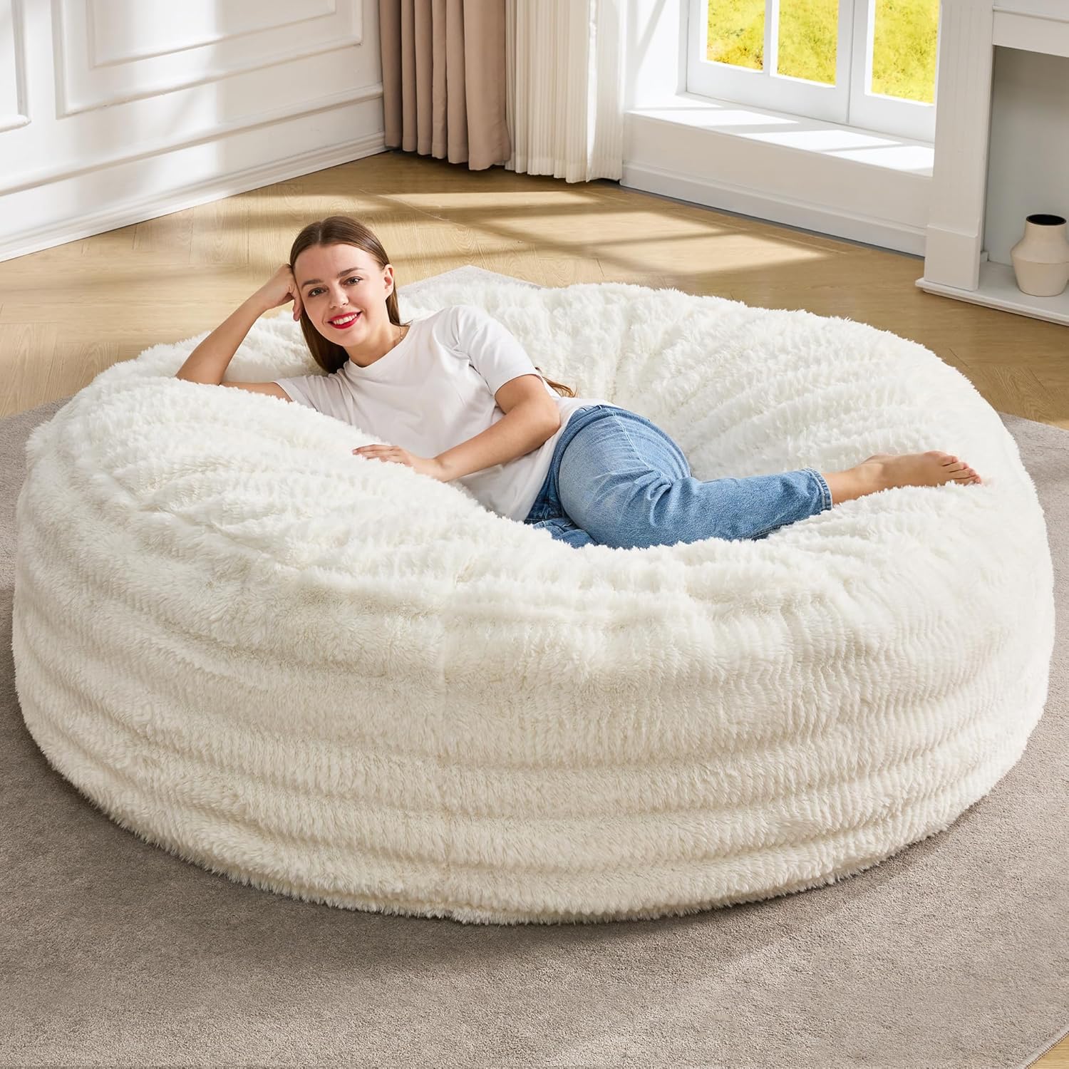 Hobestluk Bean Bag Chairs Beanbag Chair with Filler Adult Bean Bags with Fluffy Ripple Cover, Giant Bean Bag Chairs for Adults (Grey, 3FT - 36" x 36" x 22")