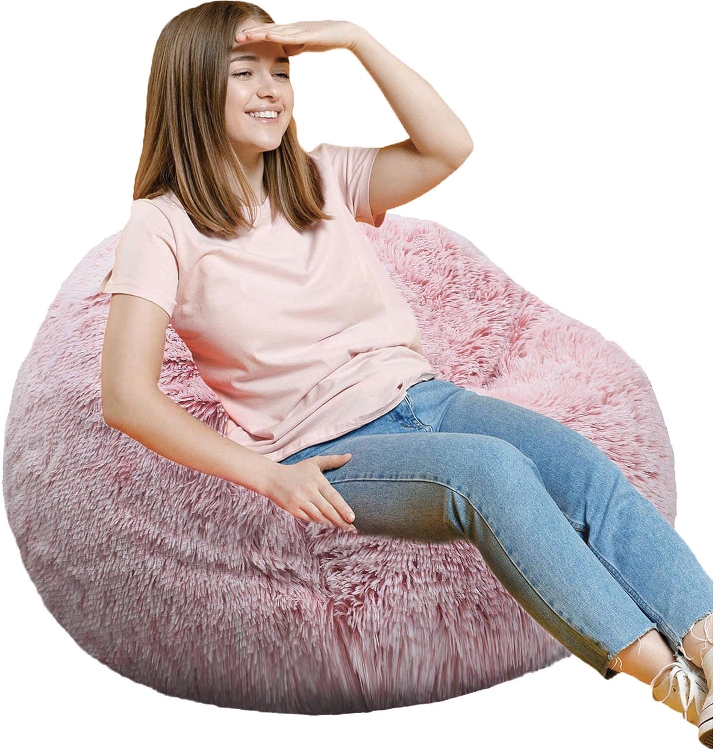 Fluffy Bean Bag Chair for Kids, 2.5FT Round Memory Foam Filled Bean Bag for Teens & Kids, Ultra Soft Faux Fur Fabric Bean Bag Chairs for Playroom, Living Room, Bedroom,Pink