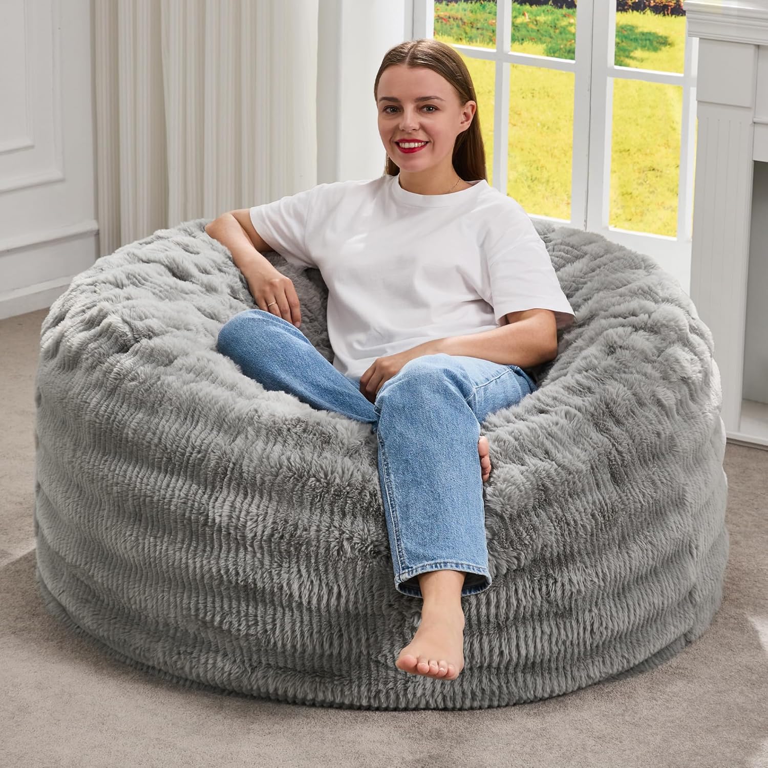 Hobestluk Bean Bag Chairs Beanbag Chair with Filler Adult Bean Bags with Fluffy Ripple Cover, Giant Bean Bag Chairs for Adults (Grey, 3FT - 36" x 36" x 22")