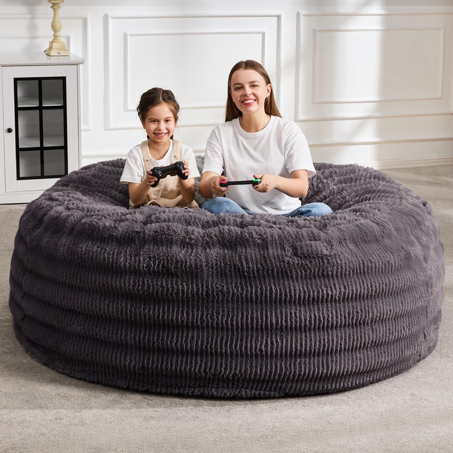 Hobestluk Bean Bag Chairs Beanbag Chair with Filler Adult Bean Bags with Fluffy Ripple Cover, Giant Bean Bag Chairs for Adults (Grey, 3FT - 36" x 36" x 22")