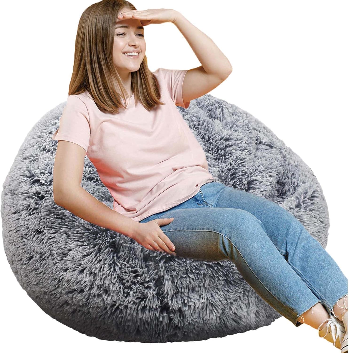 Fluffy Bean Bag Chair for Kids, 2.5FT Round Memory Foam Filled Bean Bag for Teens & Kids, Ultra Soft Faux Fur Fabric Bean Bag Chairs for Playroom, Living Room, Bedroom,Pink