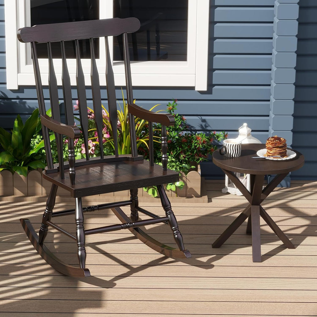 Giantex Outdoor Wood Rocking Chair - Patio Rocking Chair with Solid Rubber Wood Frame, Slat Back, Outside & Indoor Rocker for Garden, Poolside, Balcony, Backyard, Lawn, Front Porch Rocker, Dark Coffee