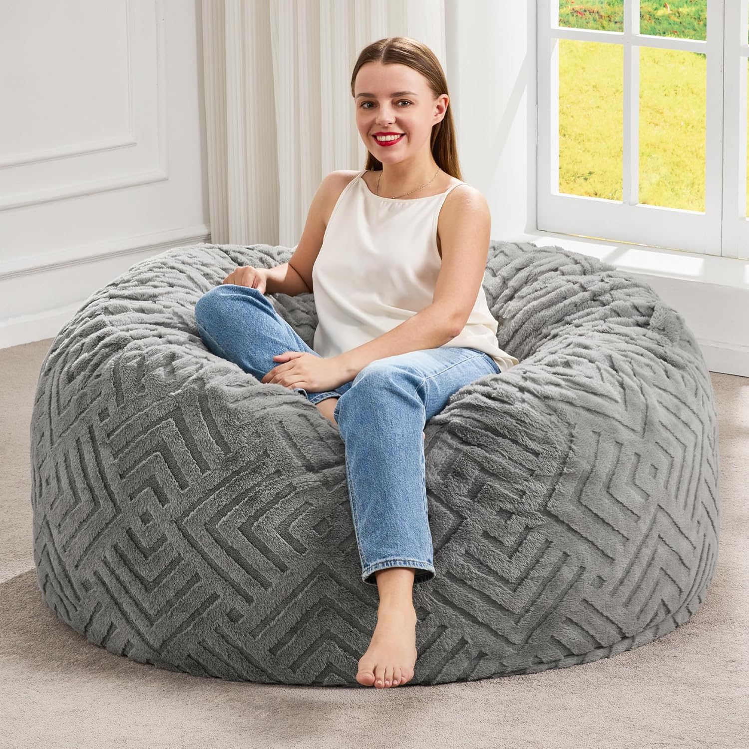 Hobestluk Bean Bag Chairs Beanbag Chair with Filler Adult Bean Bags with Fluffy Ripple Cover, Giant Bean Bag Chairs for Adults (Grey, 3FT - 36" x 36" x 22")