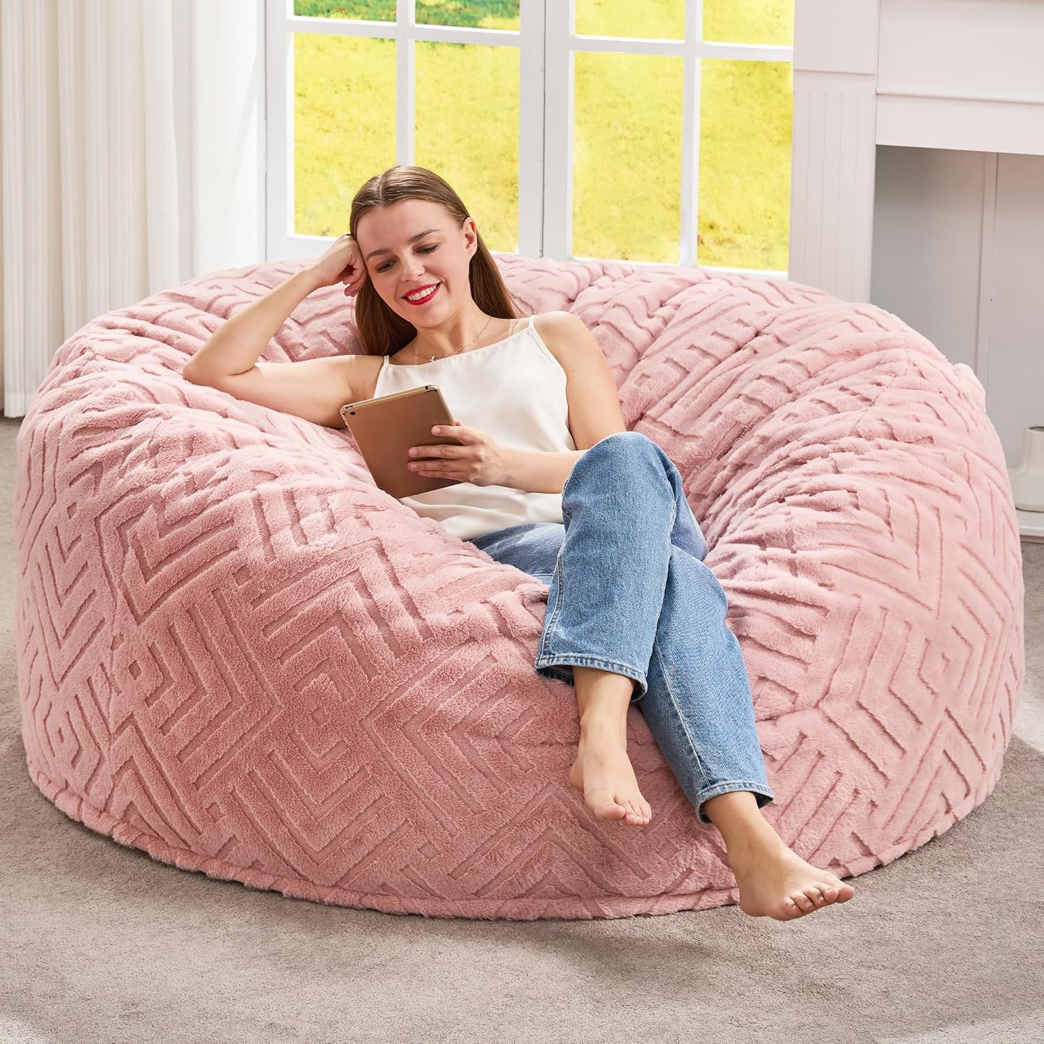 Hobestluk Bean Bag Chairs Beanbag Chair with Filler Adult Bean Bags with Fluffy Ripple Cover, Giant Bean Bag Chairs for Adults (Grey, 3FT - 36" x 36" x 22")