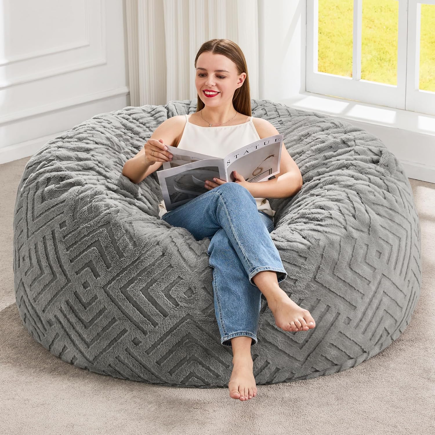Hobestluk Bean Bag Chairs Beanbag Chair with Filler Adult Bean Bags with Fluffy Ripple Cover, Giant Bean Bag Chairs for Adults (Grey, 3FT - 36" x 36" x 22")