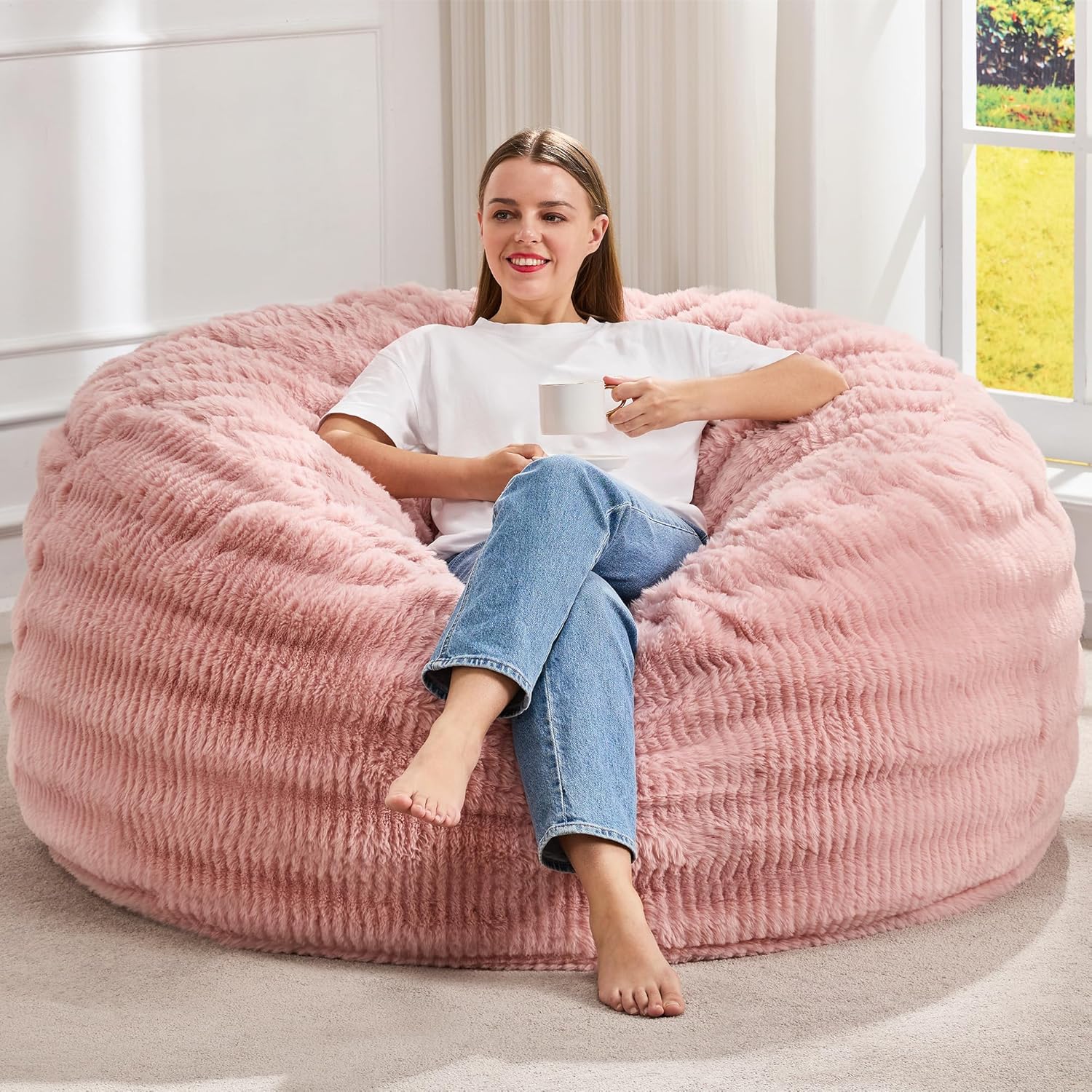 Hobestluk Bean Bag Chairs Beanbag Chair with Filler Adult Bean Bags with Fluffy Ripple Cover, Giant Bean Bag Chairs for Adults (Grey, 3FT - 36" x 36" x 22")