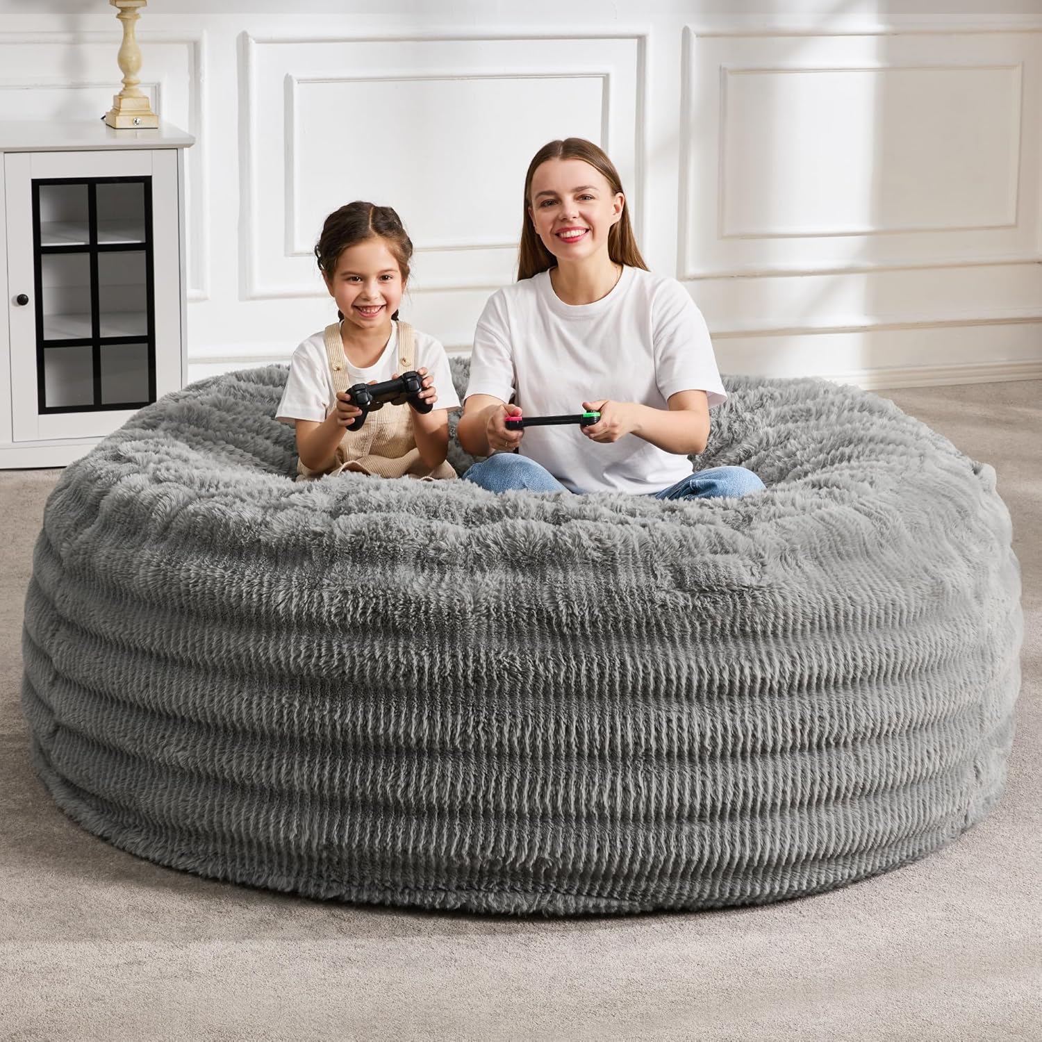 Hobestluk Bean Bag Chairs Beanbag Chair with Filler Adult Bean Bags with Fluffy Ripple Cover, Giant Bean Bag Chairs for Adults (Grey, 3FT - 36" x 36" x 22")