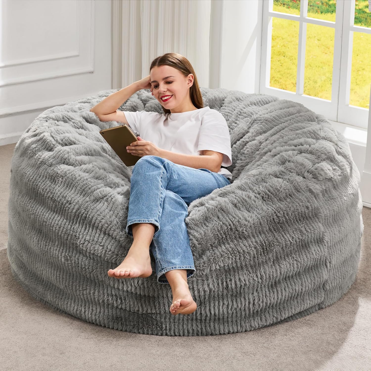 Hobestluk Bean Bag Chairs Beanbag Chair with Filler Adult Bean Bags with Fluffy Ripple Cover, Giant Bean Bag Chairs for Adults (Grey, 3FT - 36" x 36" x 22")